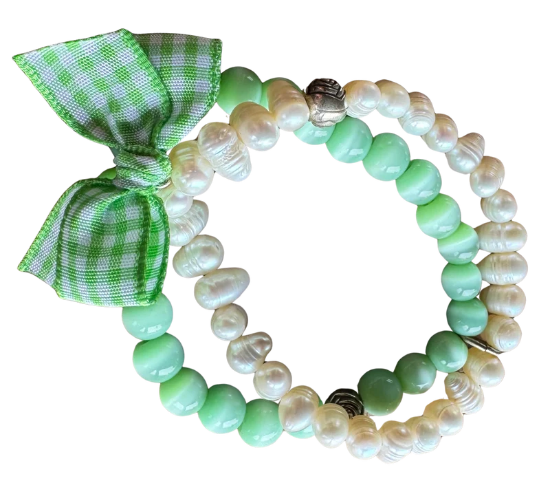 Trachten Armband, weiß, grün Perlen, kariert