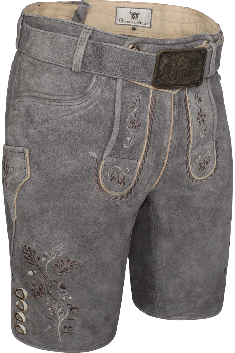 Herren Lederhose kurz bestickt mit Gürtel - titangrau silbergrau