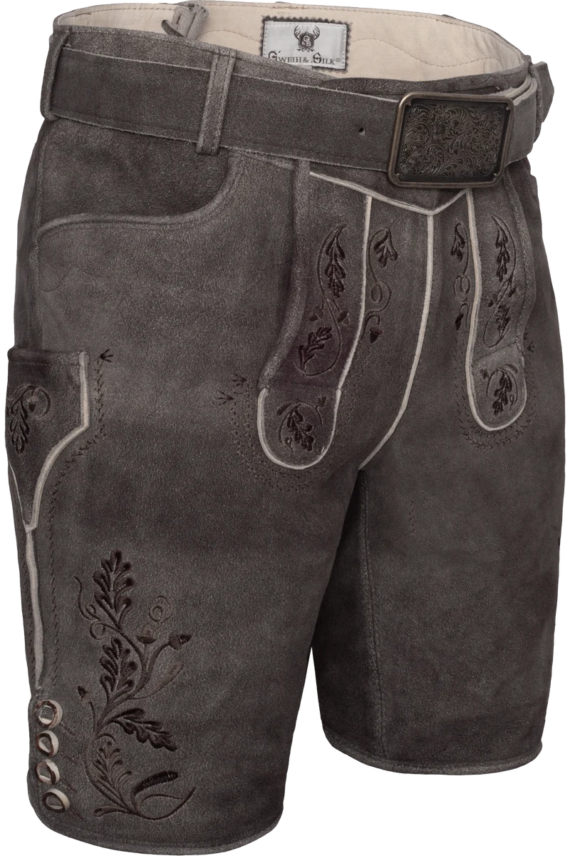 Herren Lederhose kurz bestickt mit Gürtel - bison schoko