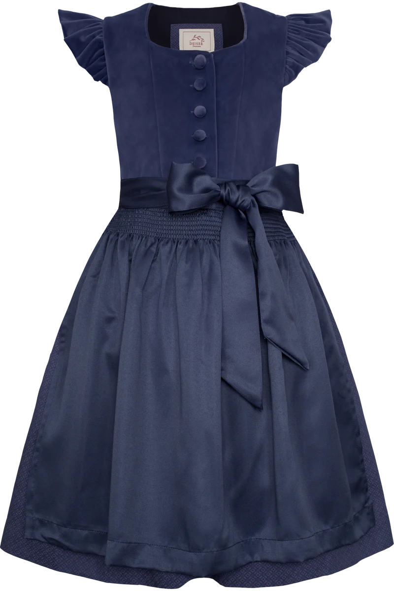 Kinderdirndl mit Veloursoberteil und Flügelärmel - taubenblau