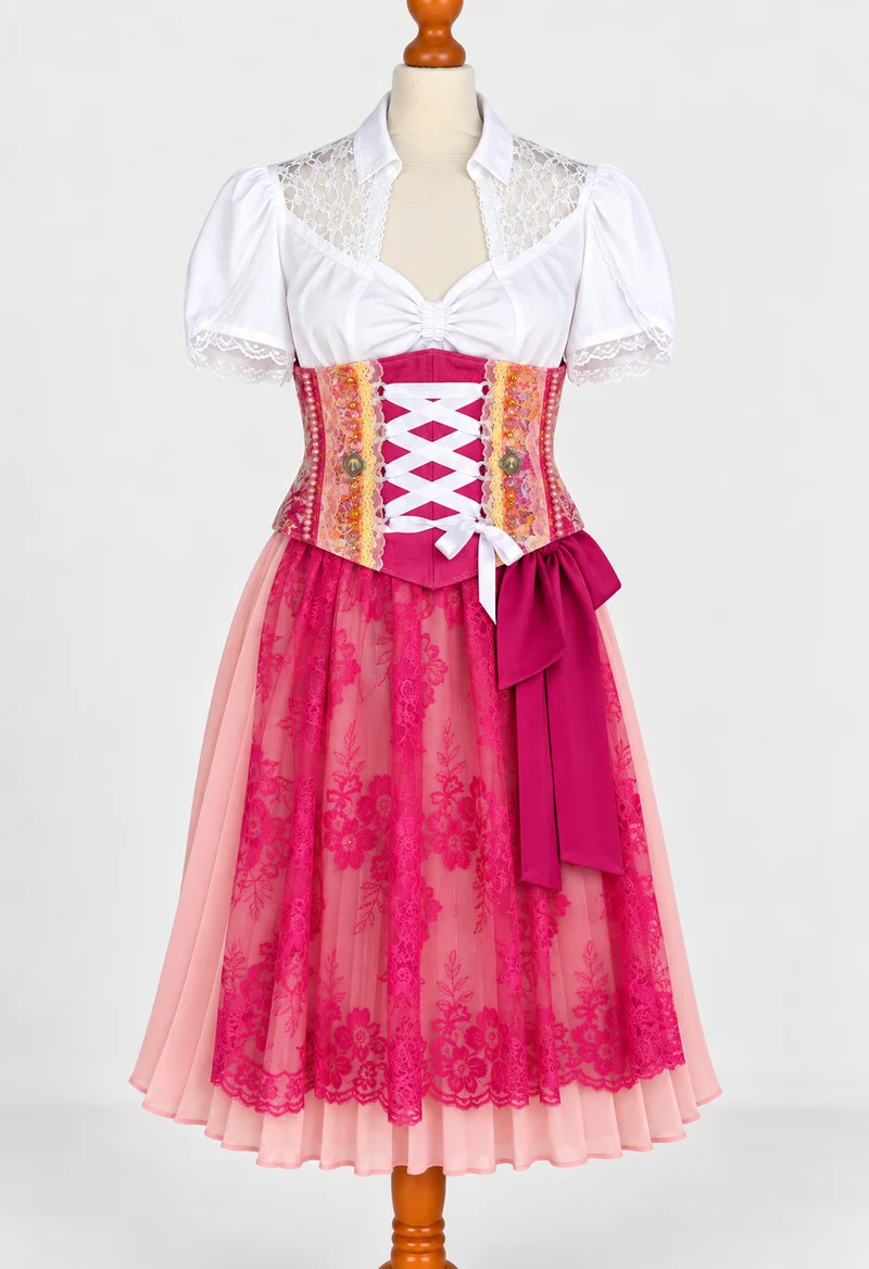 Tian von Tastique Dirndl, 4-Teiler Mieder, Rock, Schürze, pink, Gr. 42 Unikat
