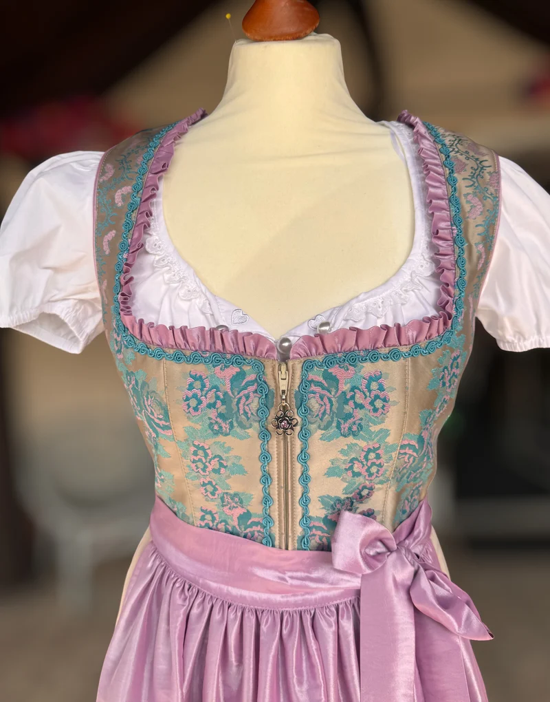Dirndl Rose, Brautdirndl, rosa, beige gold Maxi 95 cm, Gr. 38