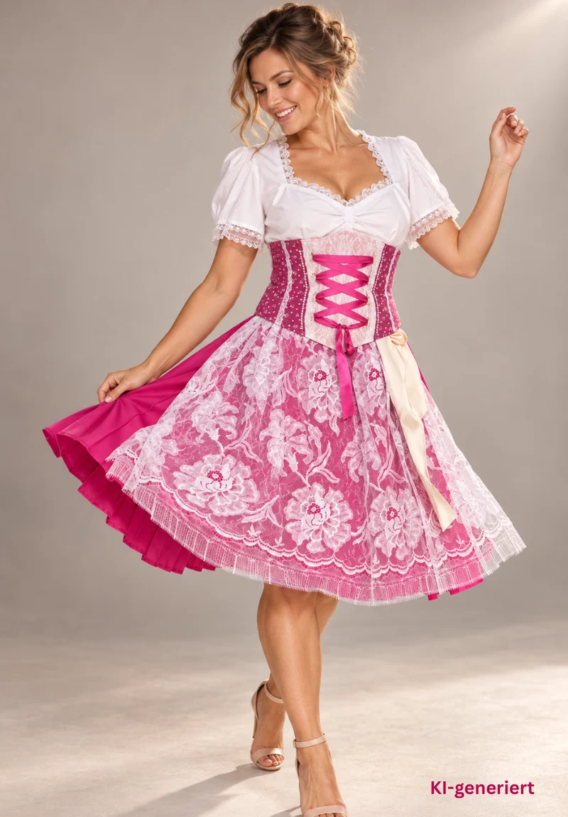 Tian von Tastique Dirndl, 4-Teiler Mieder, Rock, Schürze, pink, Gr. 38 Unikat