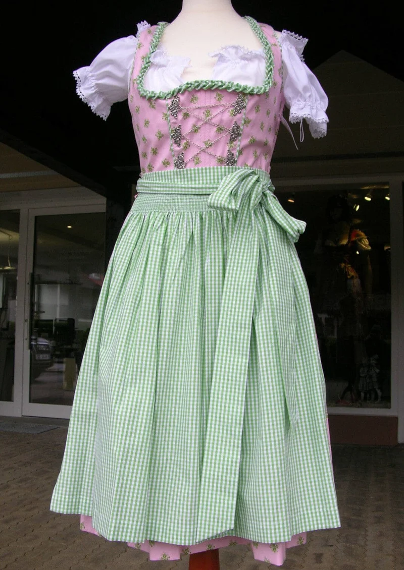 Dirndl Trachten Stil, Waschdirndl, grün, rosa, Midi 60 cm, Gr. 34