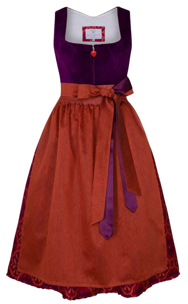Dirndl Alpenfee, Fabienne, Orange, lila, rot, Samtdirndl, 75cm