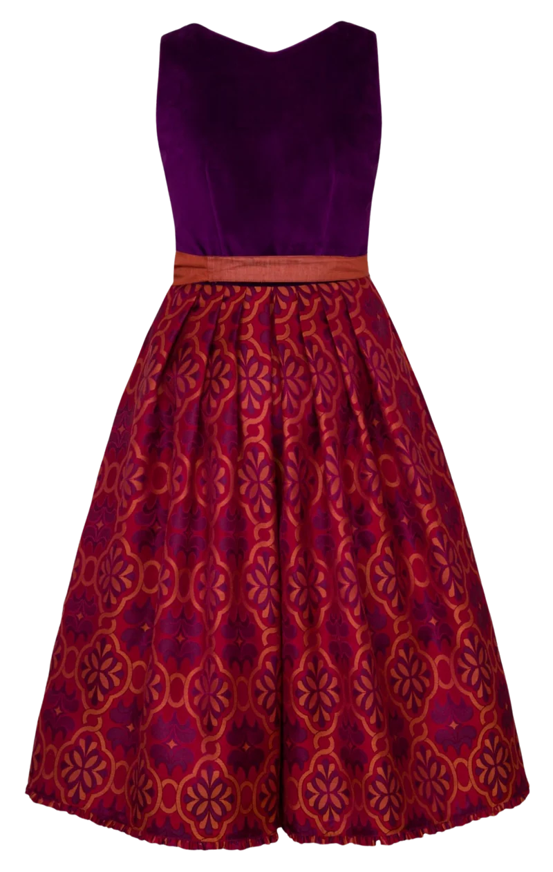 Dirndl Alpenfee, Fabienne, Orange, lila, rot, Samtdirndl, 75cm