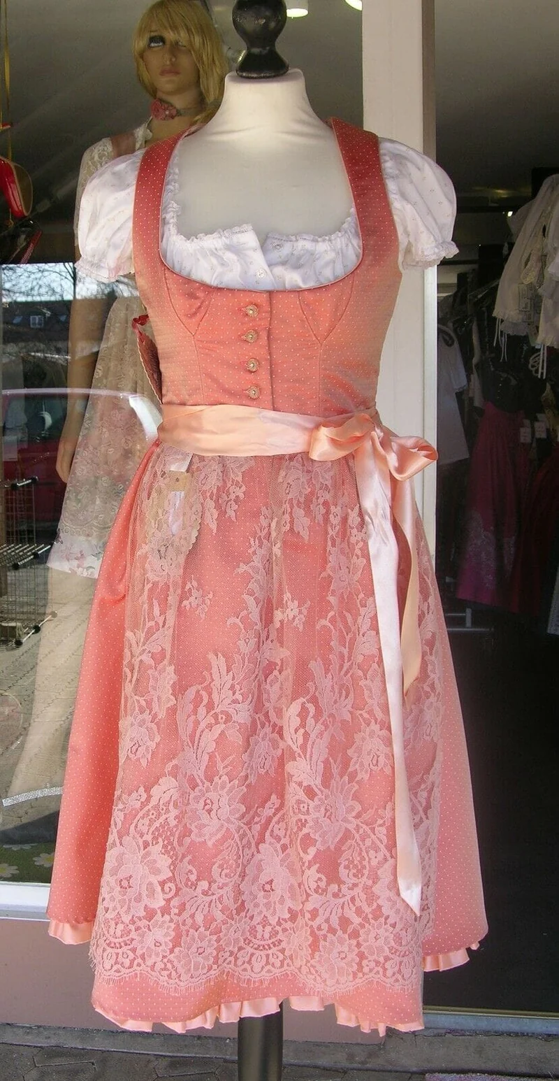 Dirndl Trentini, Lachs, Spitze, Midi 70 cm, Brautdirndl, Gr. 38
