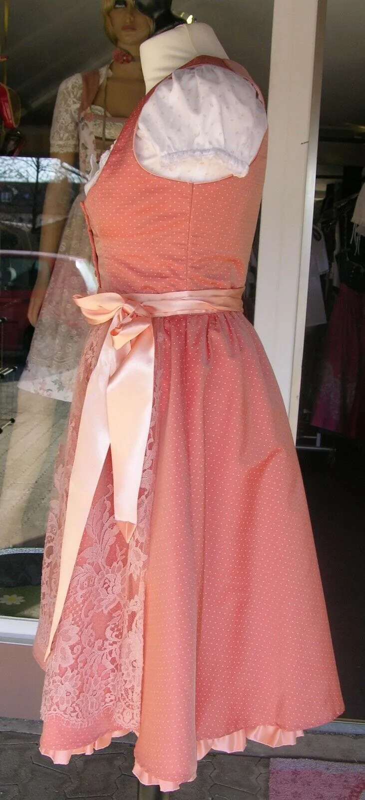 Dirndl Trentini, Lachs, Spitze, Midi 70 cm, Brautdirndl, Gr. 38