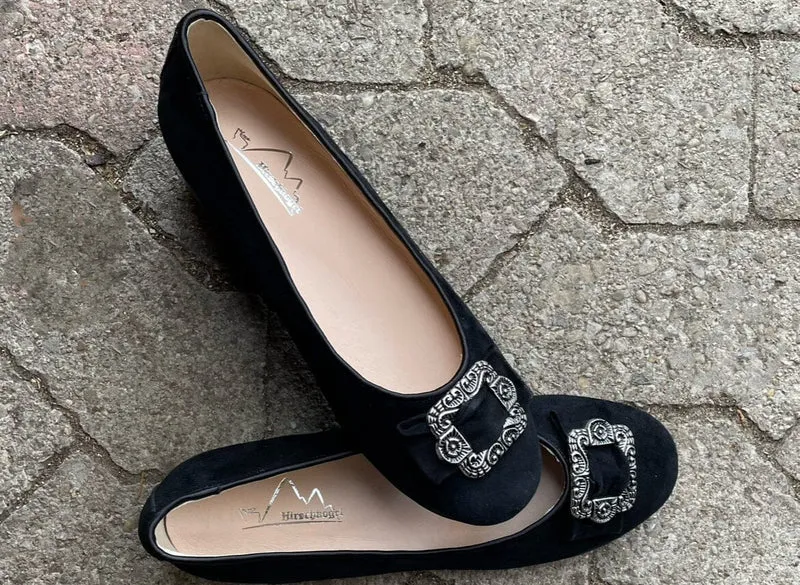 Ballerinas, Hirschkogel, Velour, schwarz, Spange, Trachtenschuhe