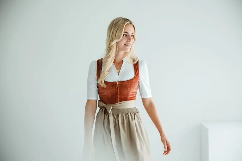 Dirndl Alpenfee, Jovana, Samt, rost ocker, 75 cm, große Größen