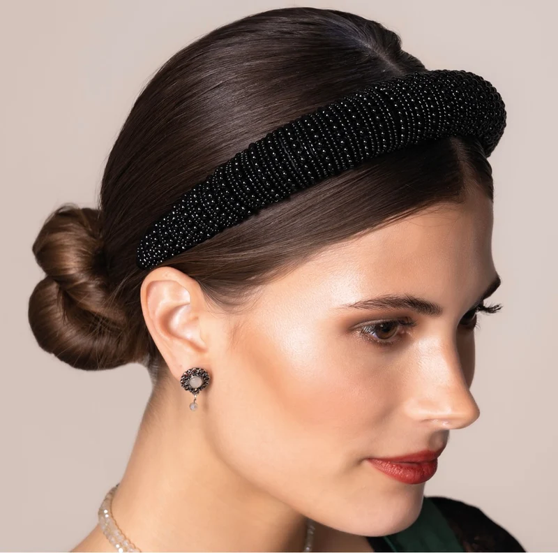 Haarschmuck, Haarreifen Perlen, Braut, Dirndl, schwarz, weiß
