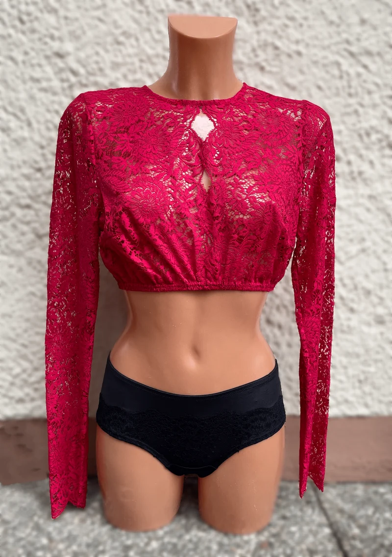 Dirndlbluse Krüger Collections, hochgeschlossen, langarm, Raffaella, rot, beere