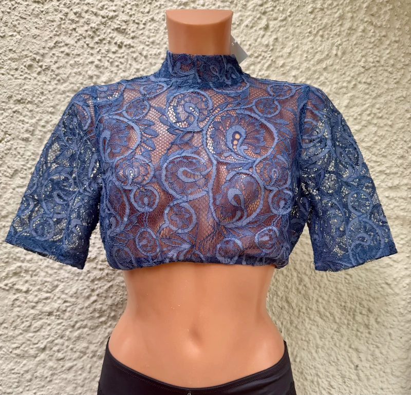 Dirndlbluse Krüger Madl, Annesca, blau, hochgeschlossen, Gr. 46