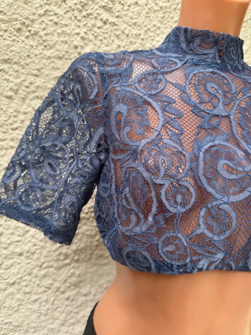 Dirndlbluse Krüger Madl, Annesca, blau, hochgeschlossen, Gr. 46