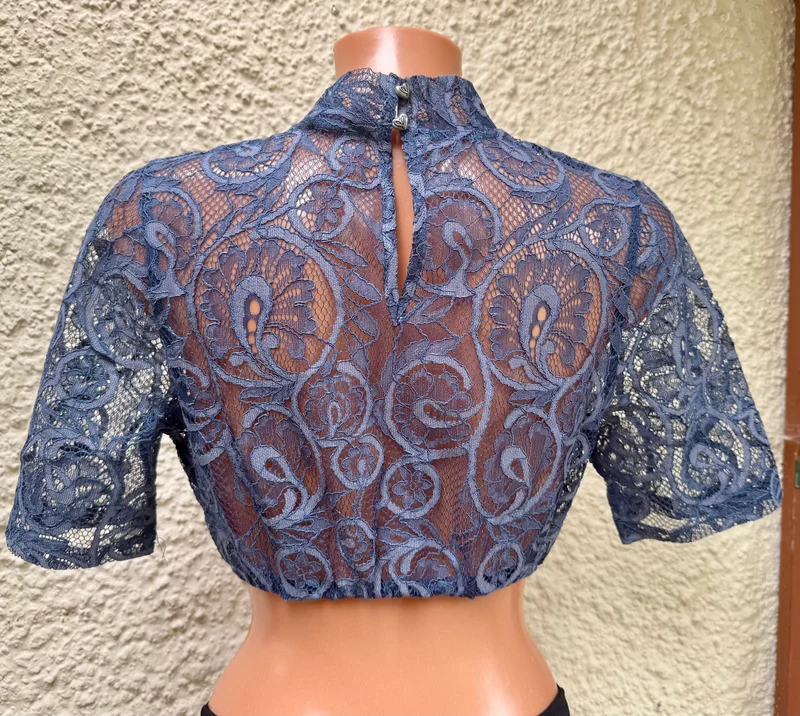 Dirndlbluse Krüger Madl, Annesca, blau, hochgeschlossen, Gr. 46