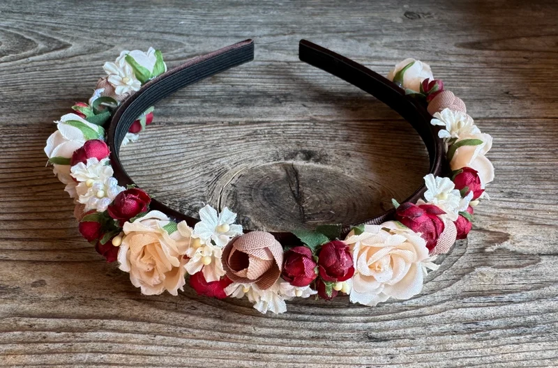 Blüten Haarreifen zum Dirndl, rot, lachs, ecru