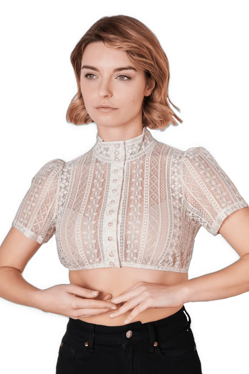Dirndlbluse Krüger Collections, Kali, ecru blau, hochgeschlossen