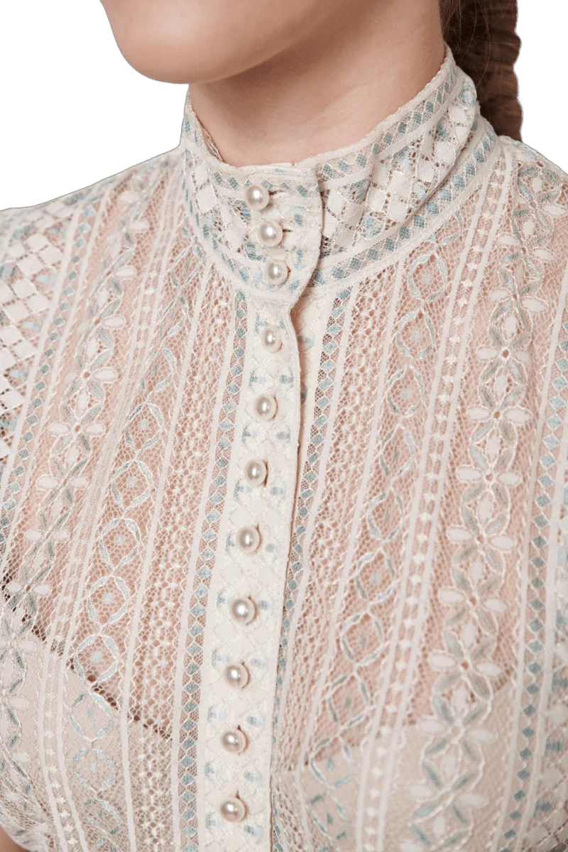 Dirndlbluse Krüger Collections, Kali, ecru blau, hochgeschlossen