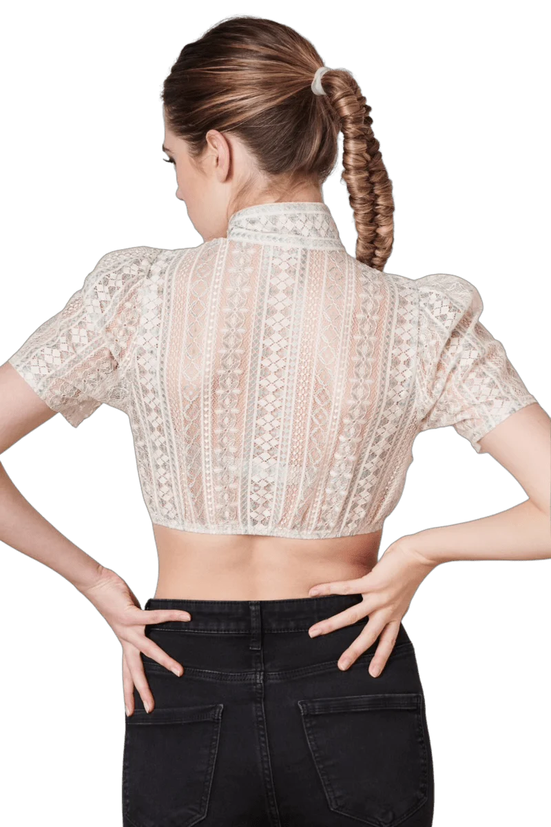Dirndlbluse Krüger Collections, Kali, ecru blau, hochgeschlossen