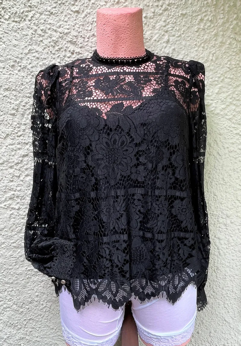 Trachtenbluse, Krüger Collections, Langarm, Spitze, schwarz, Loredina