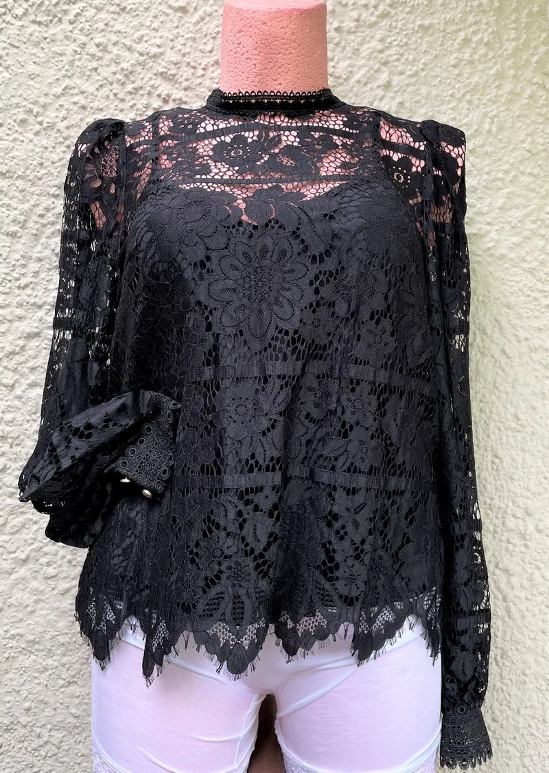 Trachtenbluse, Krüger Collections, Langarm, Spitze, schwarz, Loredina