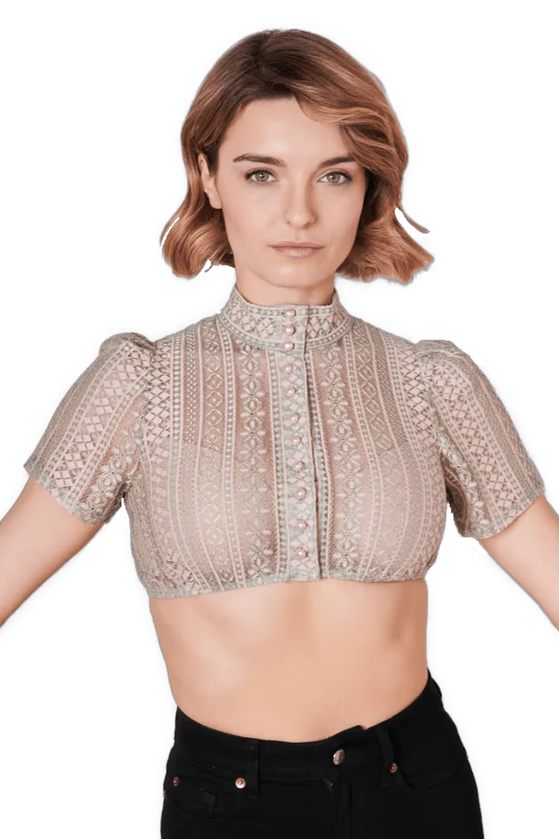 Dirndlbluse Krüger Collections, Kali, grün rosa, hochgeschlossen