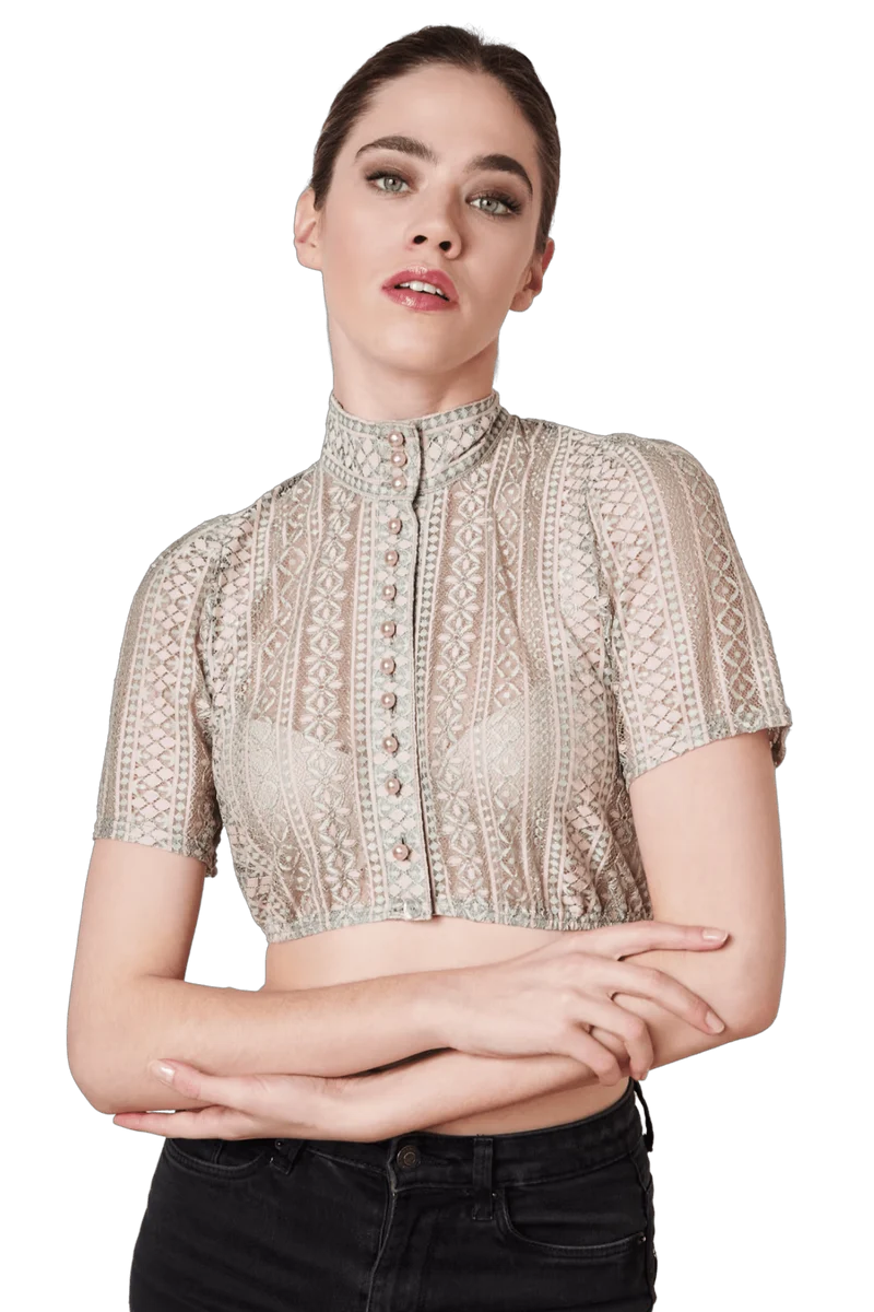 Dirndlbluse Krüger Collections, Kali, grün rosa, hochgeschlossen