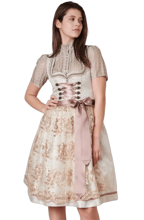 Dirndl Krüger Madl, Midi 60 cm, Sunny, hellgrün, rosa, Perlen