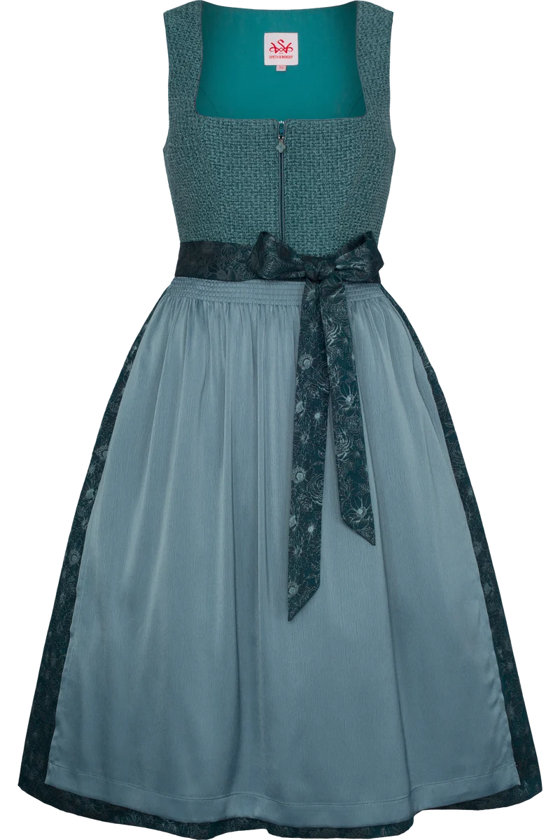 Midi-Dirndl monochrom in Bouclé-Optik - petrol