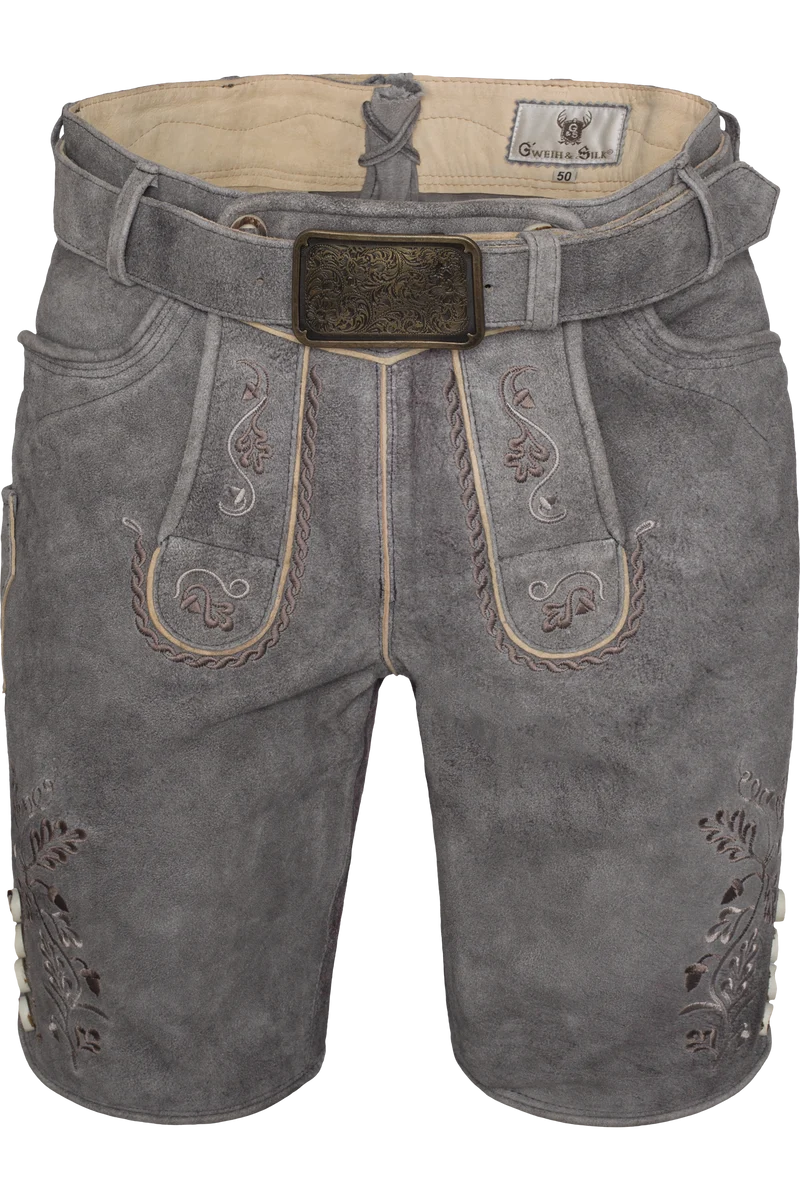 Herren Trachten-Lederhose kurz mit Gürtel - titangrau silbergrau