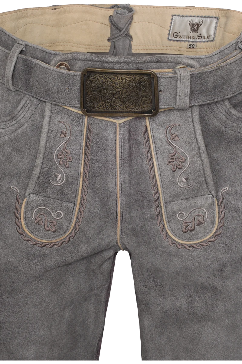 Herren Trachten-Lederhose kurz mit Gürtel - titangrau silbergrau