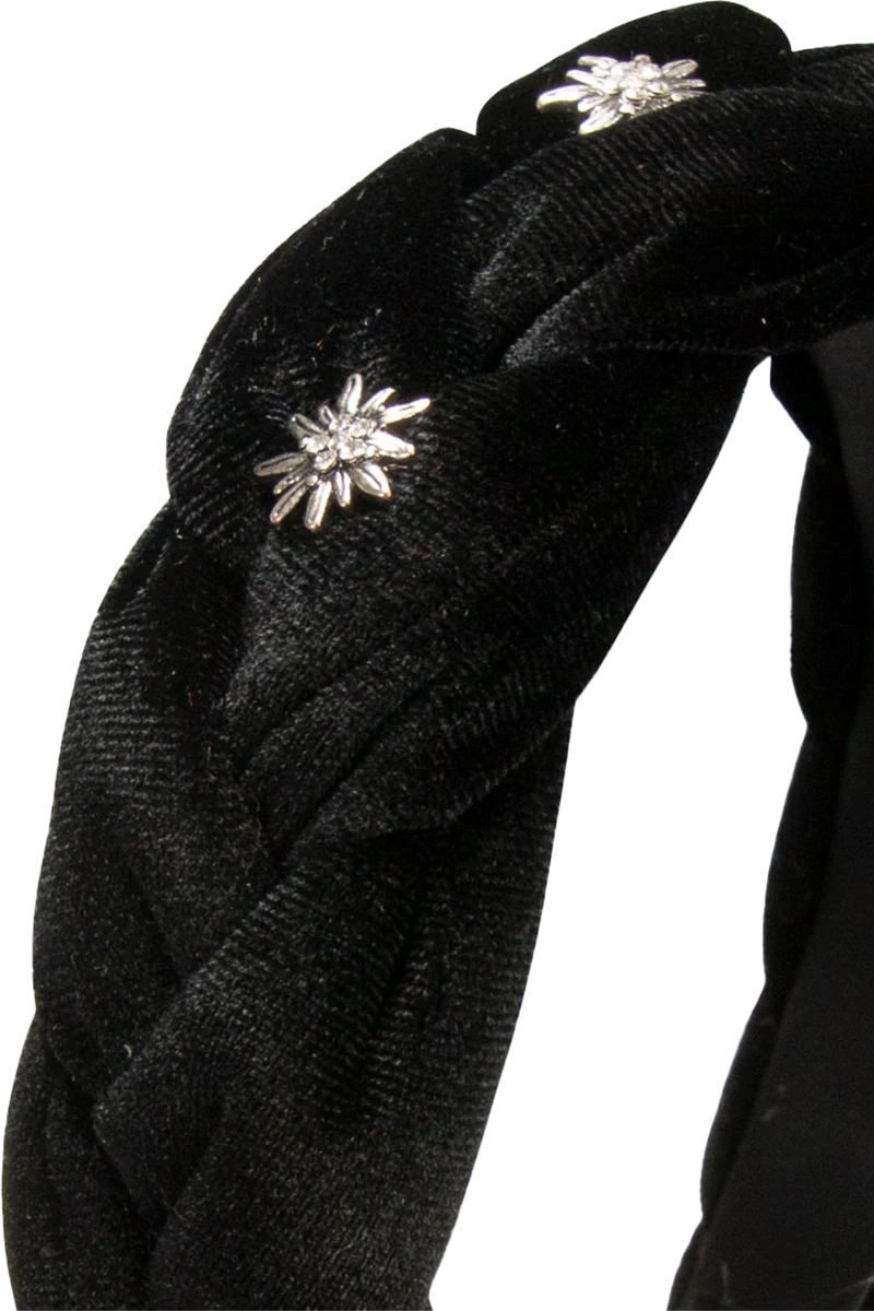 Samt Haarreif geflochten mit Strass-Edelweißblüten - schwarz