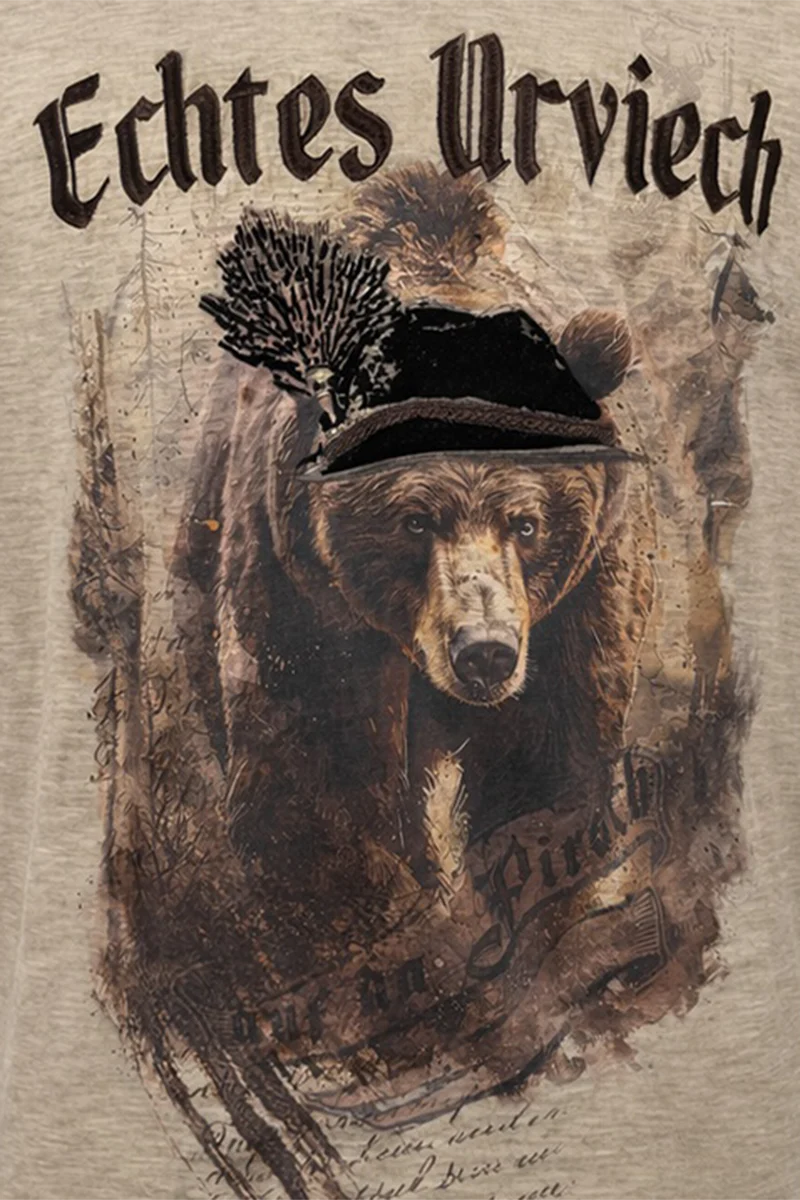 Herren Trachtenshirt mit Bärenmotiv und Samtdruck - greige