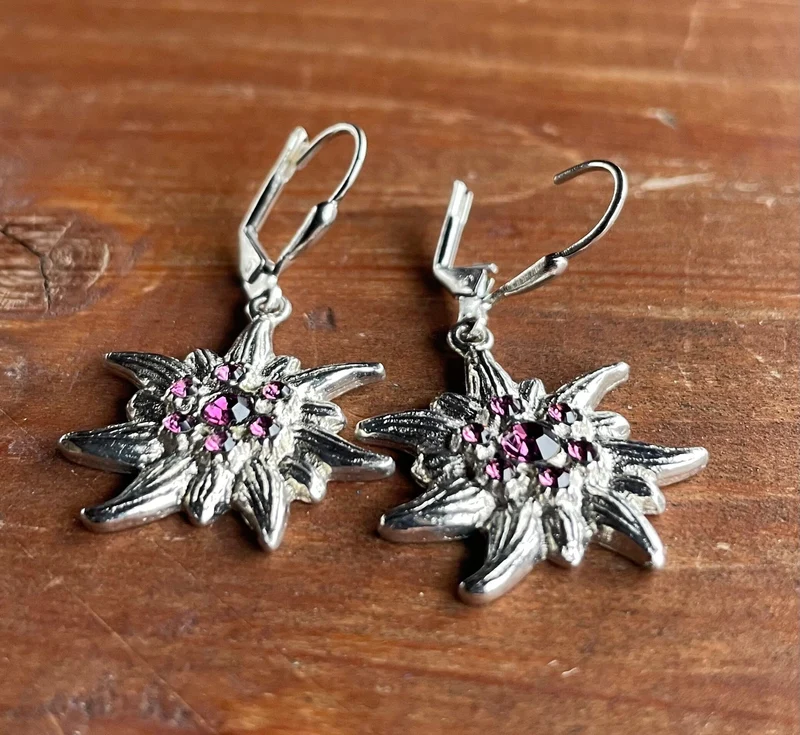 Trachten Ohrringe, Ohrhänger Edelweiß, Swarovski verschiedene Farben