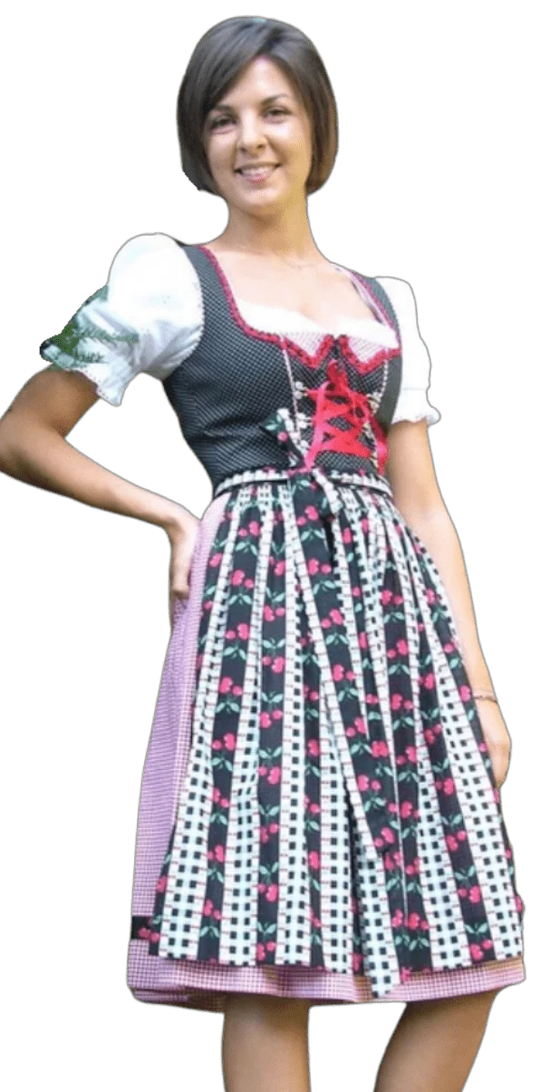 Dirndl Rose, Baumwolle, Kirschen, schwarz, rot, Midi 60 cm