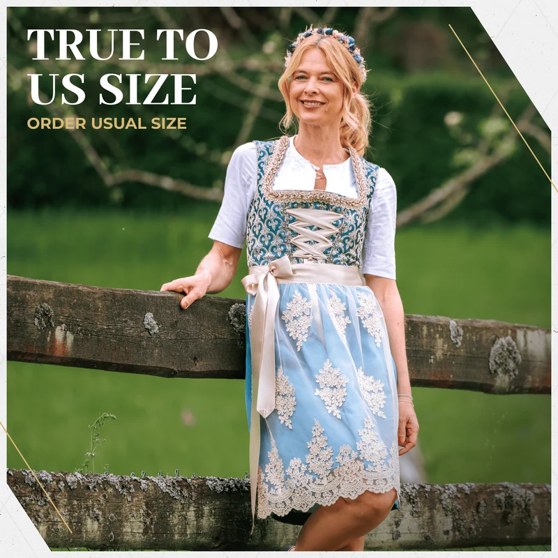 German Dirndl Dress Set Blue Gold with Blouse