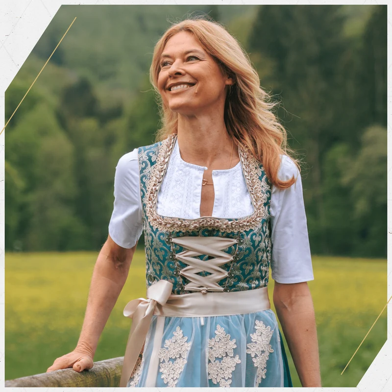 German Dirndl Dress Set Blue Gold with Blouse