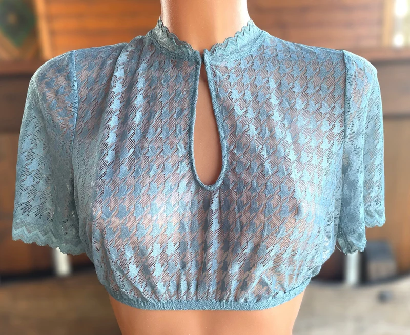 Dirndlbluse Krüger Collection, Hahnentritt, hochgeschlossen, halbarm, blau Bernarda