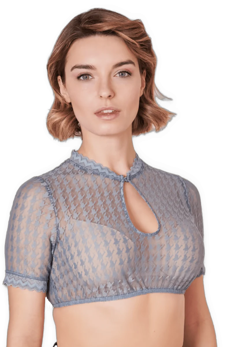 Dirndlbluse Krüger Collection, Hahnentritt, hochgeschlossen, halbarm, blau Bernarda