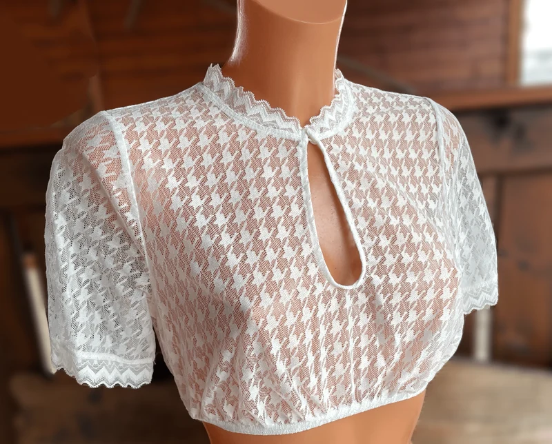 Dirndlbluse Krüger Collection, Hahnentritt, hochgeschlossen, halbarm, ecru, Bernarda