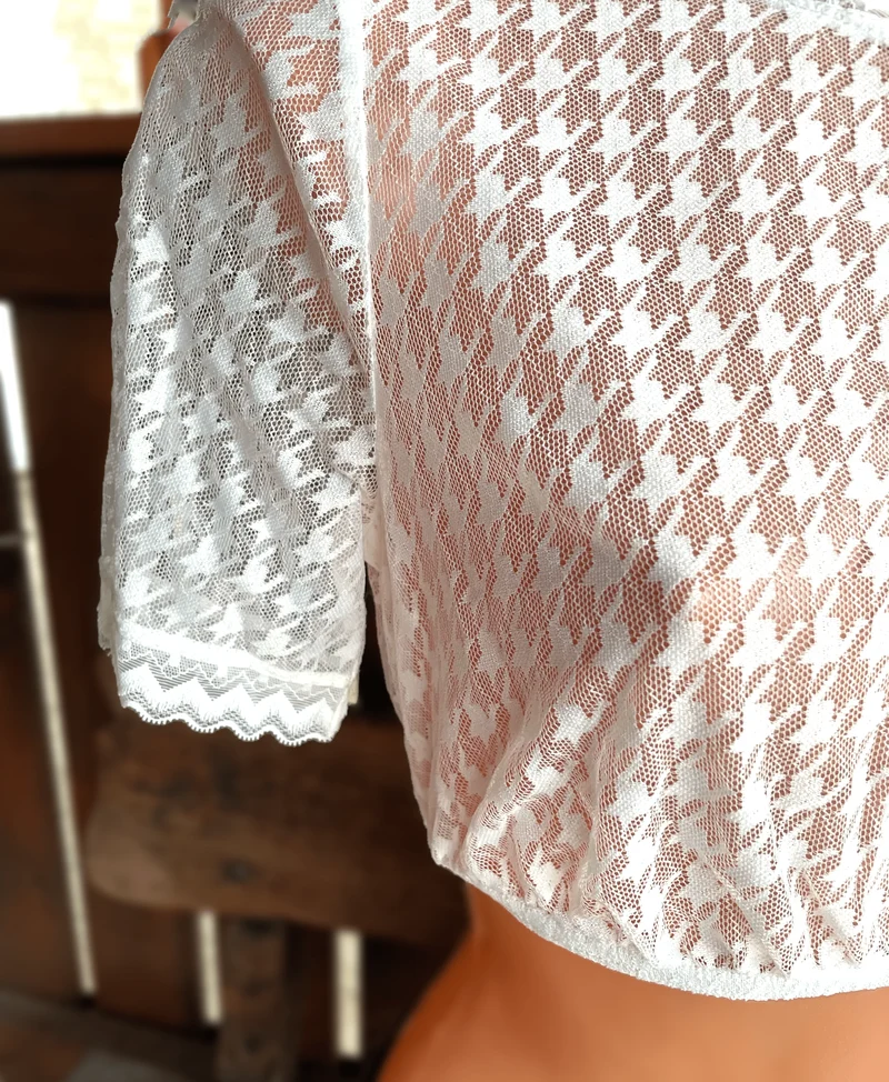 Dirndlbluse Krüger Collection, Hahnentritt, hochgeschlossen, halbarm, ecru, Bernarda