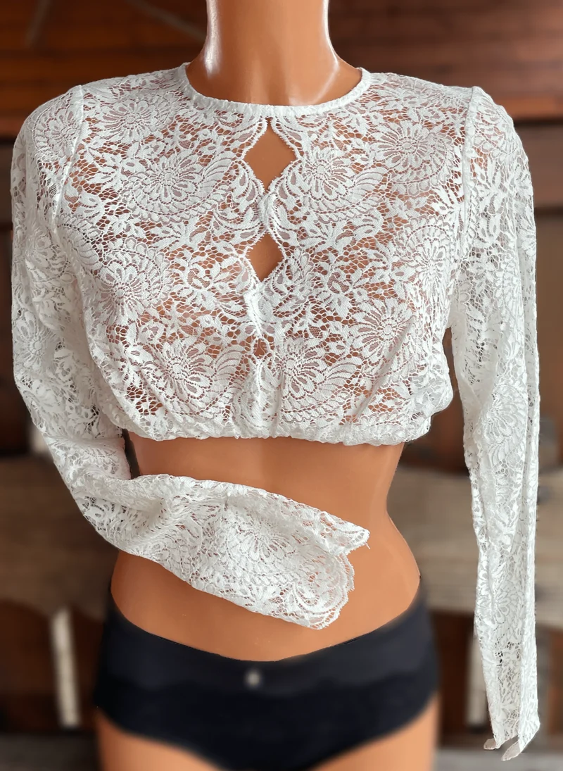 Dirndlbluse Krüger Collections, hochgeschlossen, langarm, Raffaella, ecru