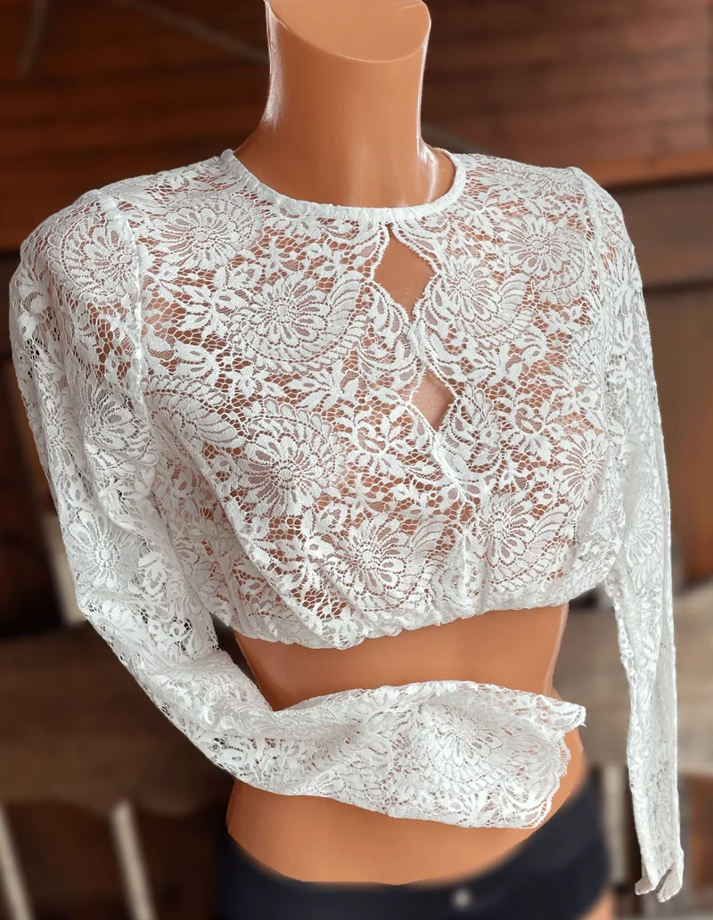 Dirndlbluse Krüger Collections, hochgeschlossen, langarm, Raffaella, ecru