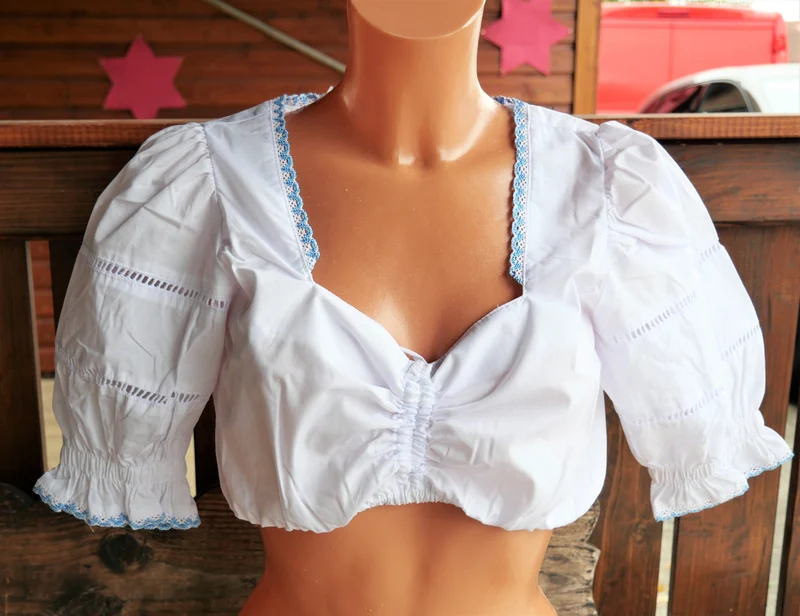 Dirndlbluse Fuchs, weiß, Zugband, halbarm, blau, Lochmuster, Gr. M (38/40)