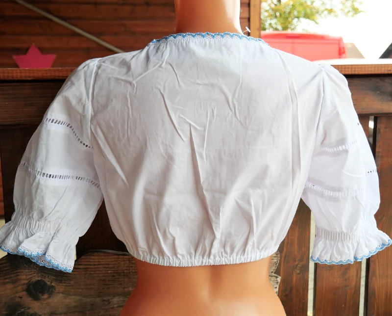 Dirndlbluse Fuchs, weiß, Zugband, halbarm, blau, Lochmuster, Gr. M (38/40)