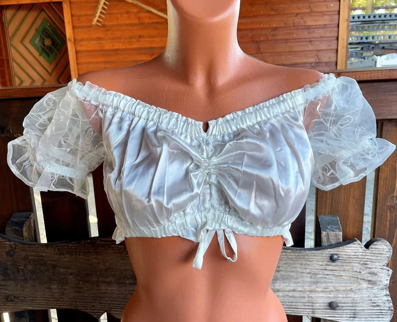 Dirndlbluse Fuchs, ecru, Satin, Carmen, Spitze, Zugband