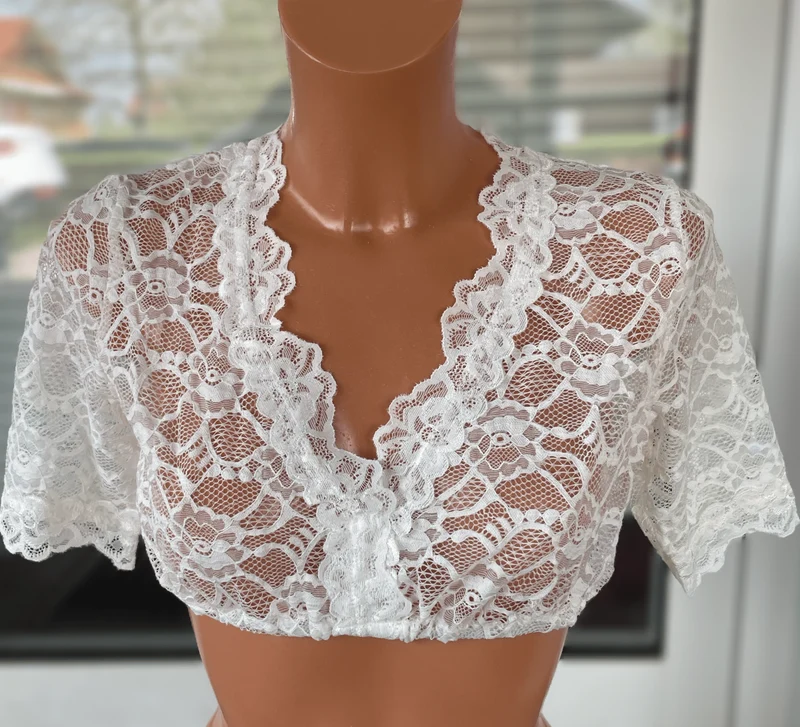 Dirndlbluse Fuchs, Spitze, Stretch, ecru, halbarm, V-Ausschnitt
