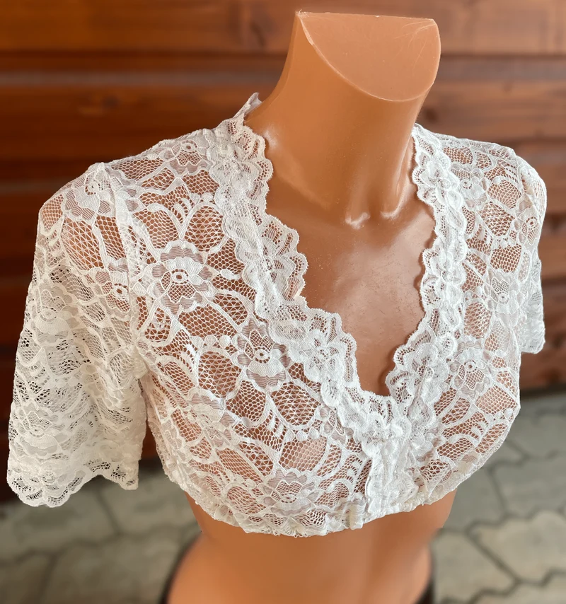 Dirndlbluse Fuchs, Spitze, Stretch, ecru, halbarm, V-Ausschnitt