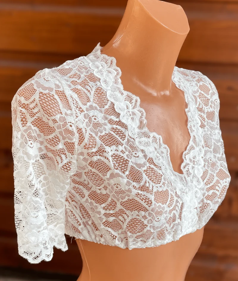 Dirndlbluse Fuchs, Spitze, Stretch, ecru, halbarm, V-Ausschnitt