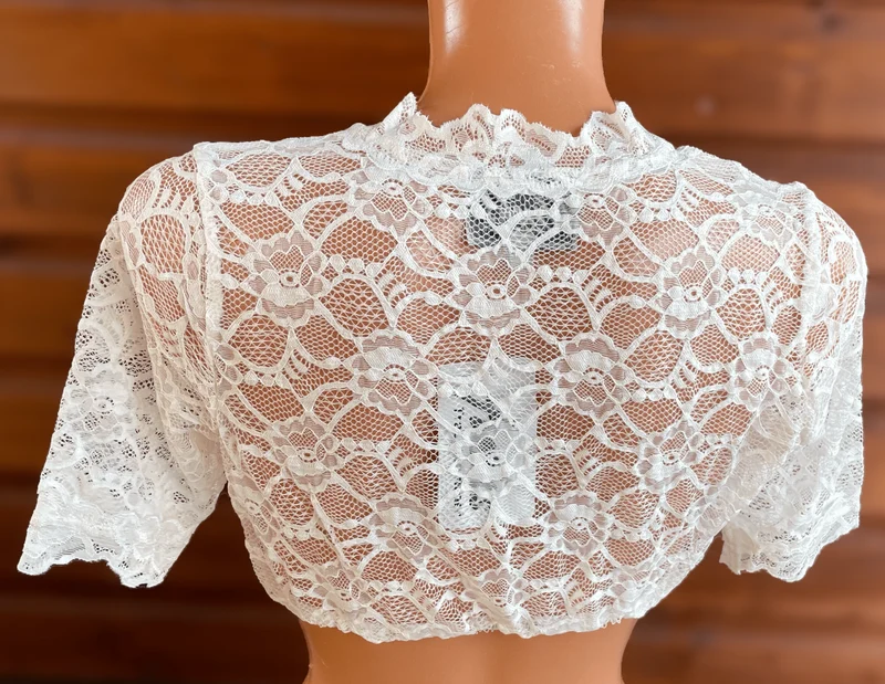 Dirndlbluse Fuchs, Spitze, Stretch, ecru, halbarm, V-Ausschnitt